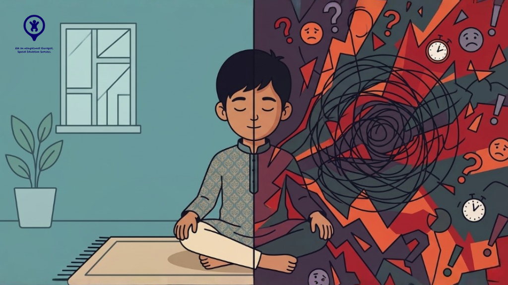 A calm therapy room where an occupational therapist in Islamabad helps an anxious autistic child through sensory integration play